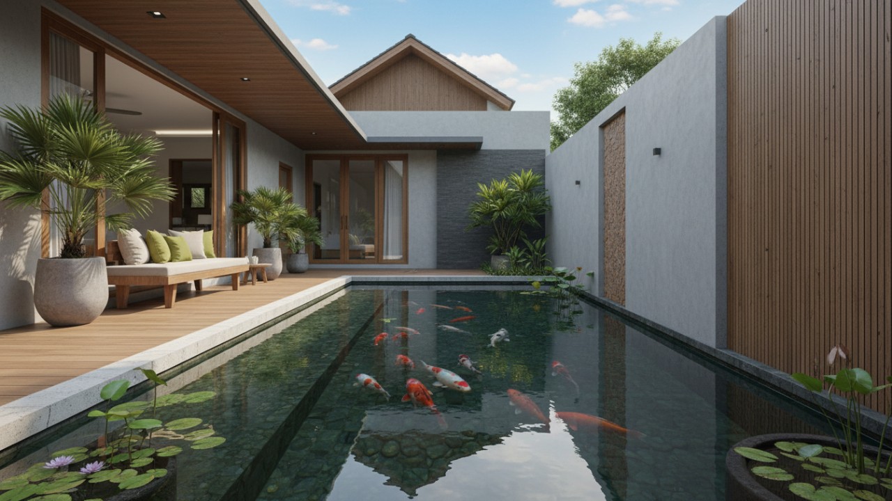 Kolam ikan minimalis menjadi pusat perhatian yang menyatu dengan lanskap.