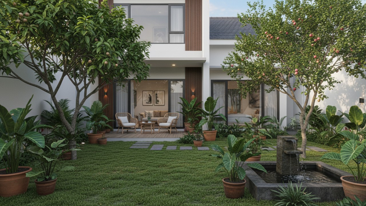kebun rumah minimalis dengan pohon buah dan tanaman hias tertata rapi.