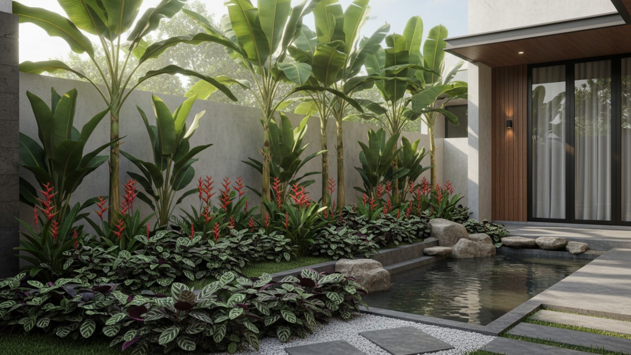 sentuhan tropis modern diterapkan di kebun kecil