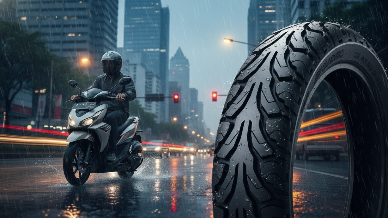 Ilustrasi ban motor anti-licin melintasi aspal basah perkotaan dengan traksi stabil.