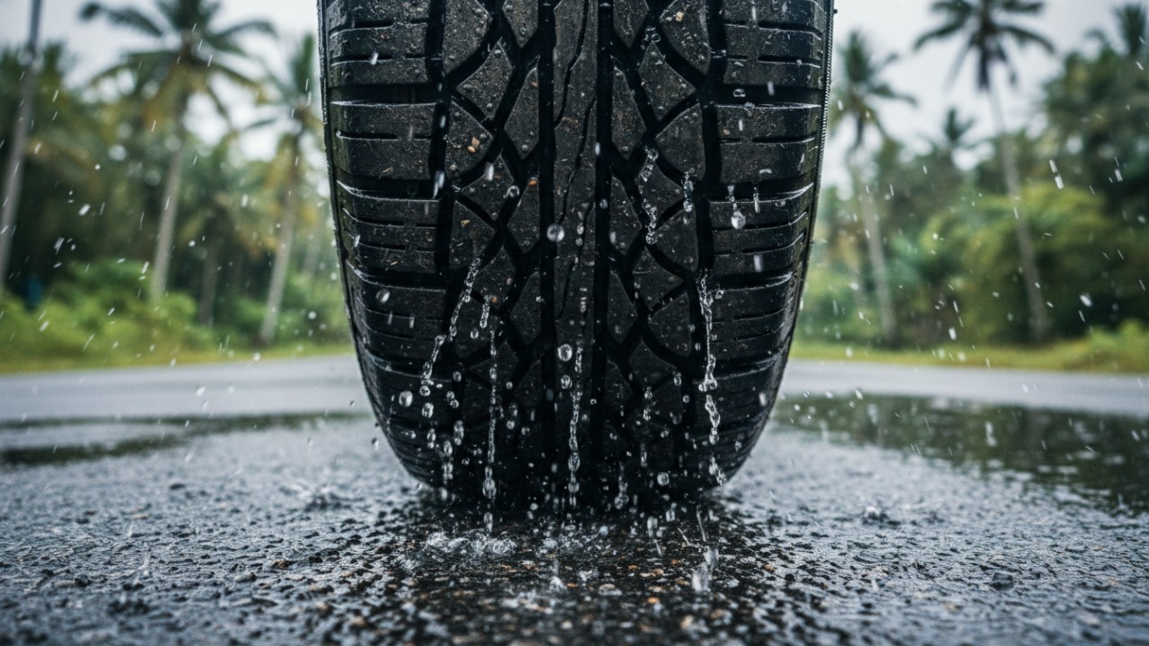 Detail tapak ban anti-licin yang dirancang mengalirkan air.