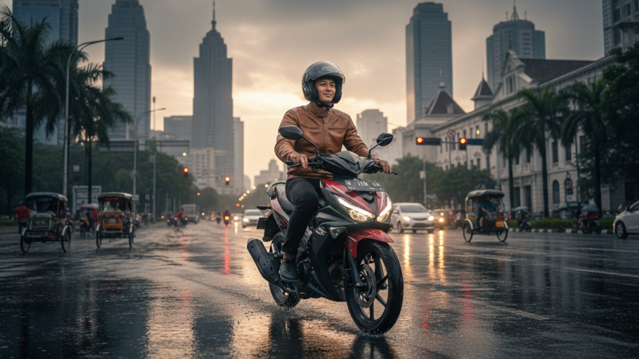 Pengendara motor tetap tenang di aspal basah perkotaan.