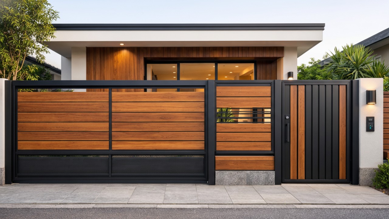 Kombinasi pagar kayu dan logam memberi kesan hangat dan elegan pada rumah minimalis.