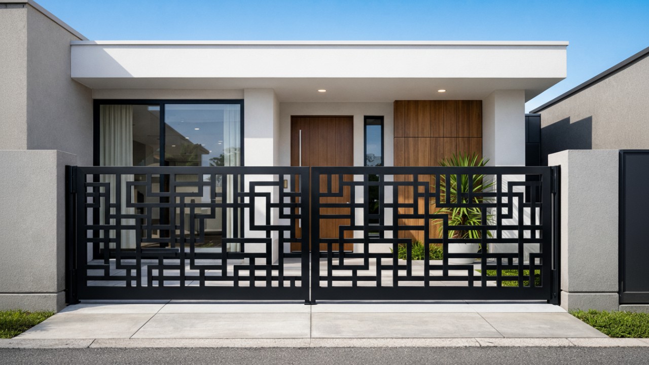 Pagar laser cut bermotif geometris sederhana pada rumah minimalis modern.