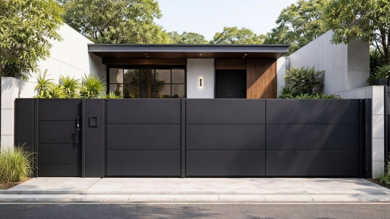 Pagar plat besi finishing matte dengan garis tegas pada rumah minimalis.