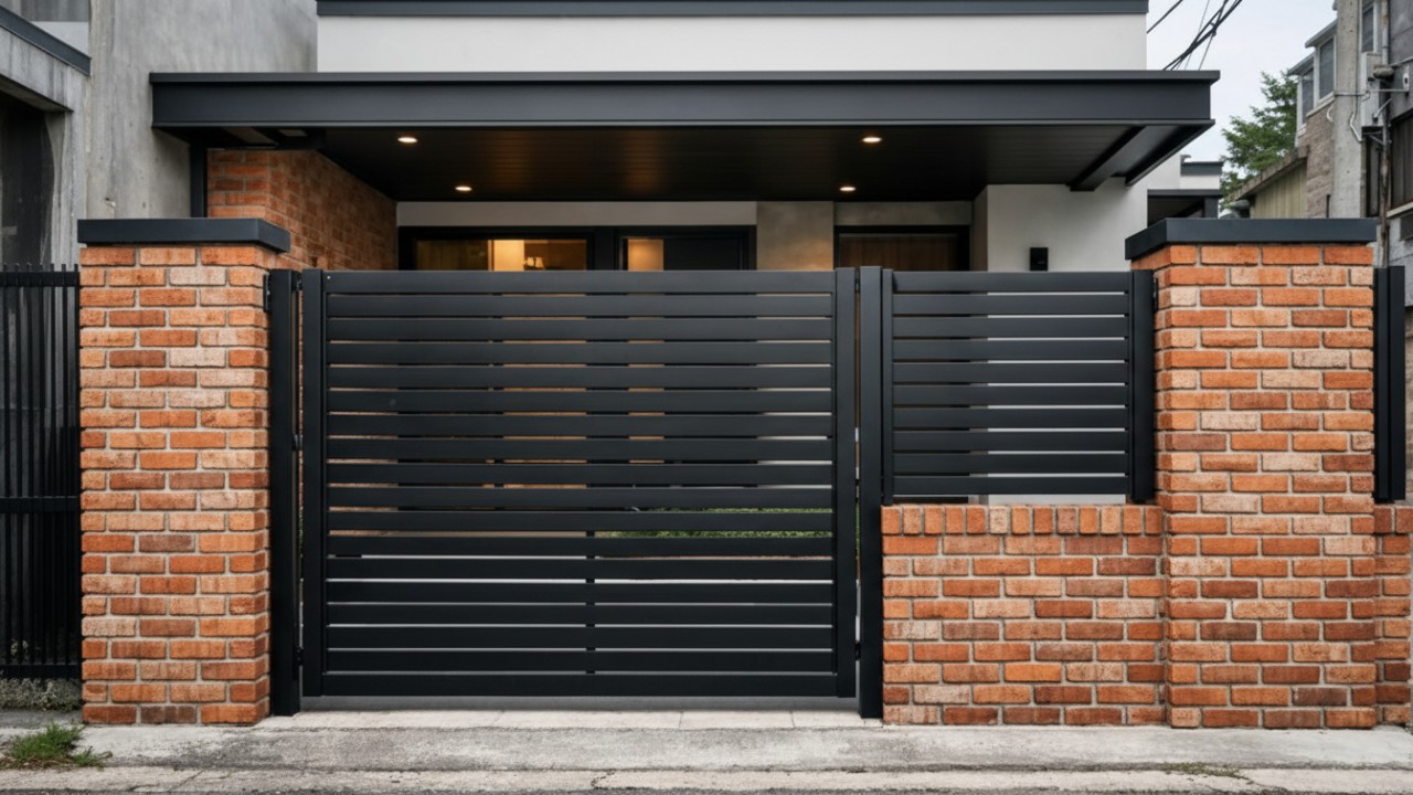 Pagar dengan kombinasi bata ekspos dan besi pada rumah minimalis.