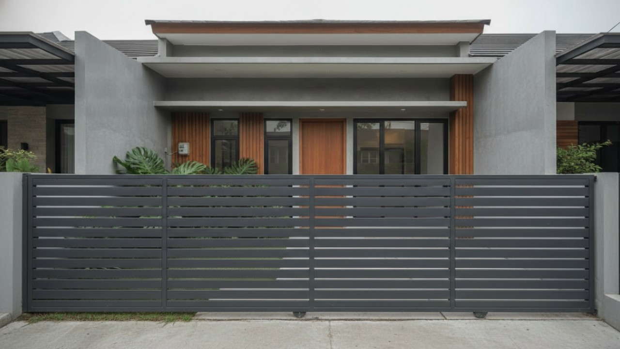 Pagar aluminium berjarak dengan sirkulasi udara optimal pada rumah minimalis.