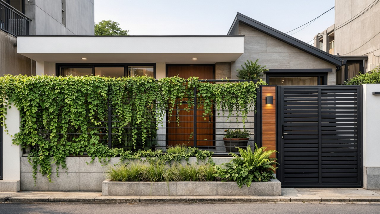 Elemen tanaman rambat pada pagar rumah minimalis modern.