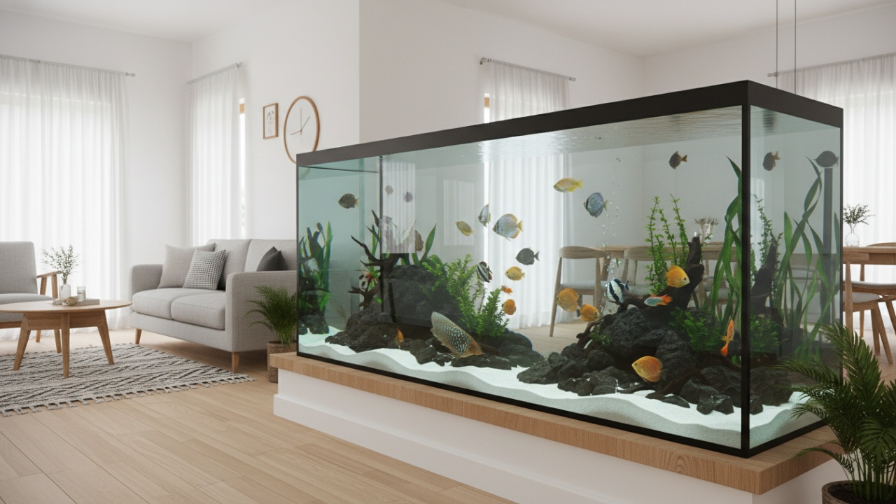 Kolam ikan kaca minimalis sebagai elemen penenang visual pada rumah kecil.