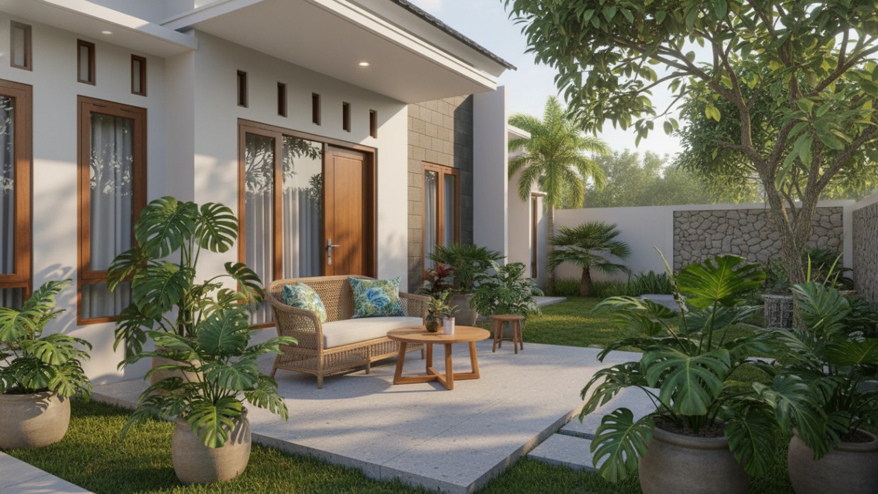 Tanaman berdaun lebar berfungsi sebagai pendingin alami teras rumah.
