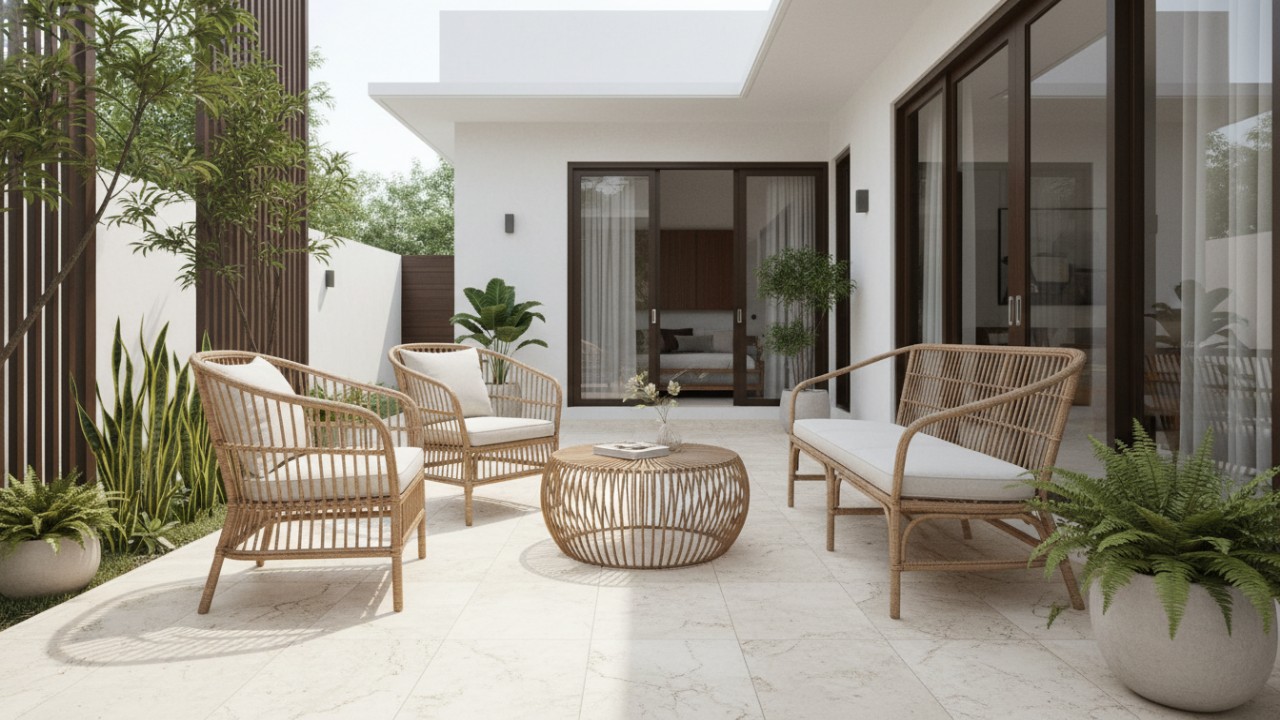 Furnitur rotan dan lantai batu alam mendukung kenyamanan termal.