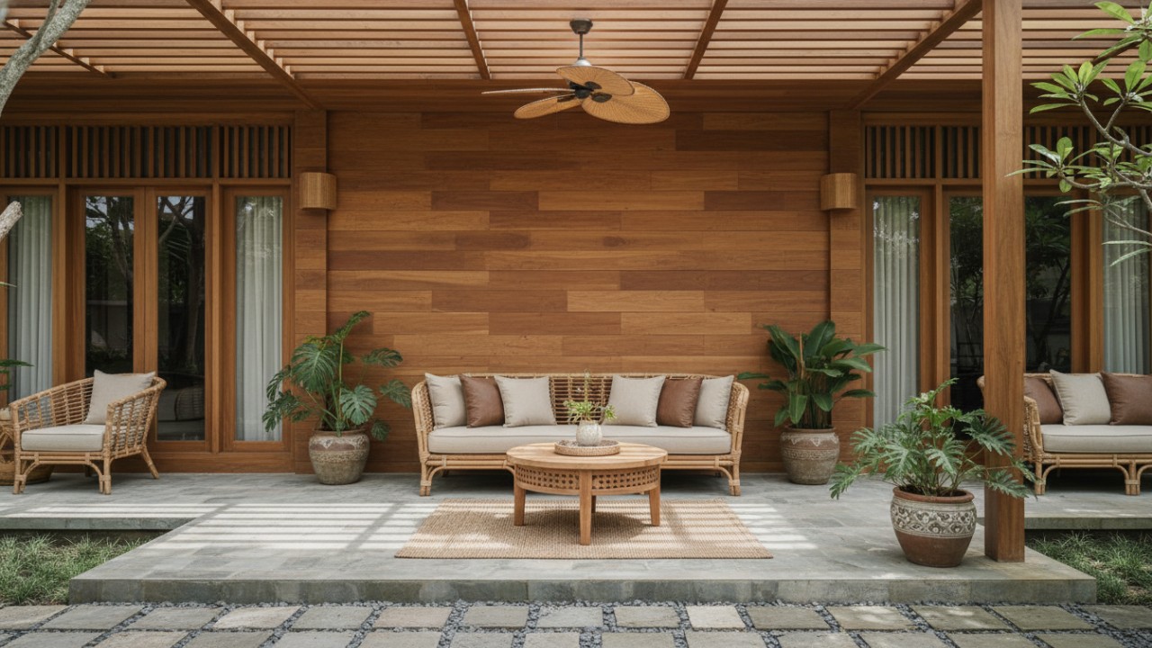 Furnitur kayu dan rotan mendukung kenyamanan termal teras.