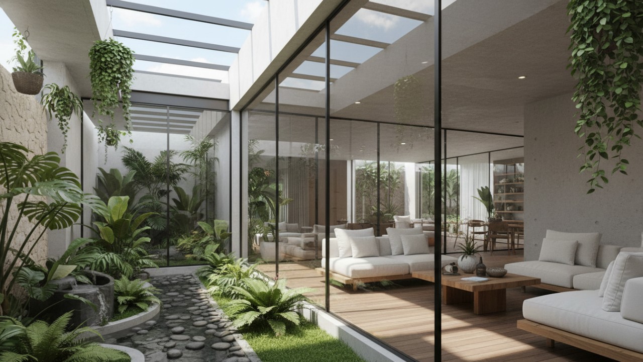 Teras rumah minimalis dengan taman indoor menyatu, menghadirkan cahaya alami dan kesan lapang.