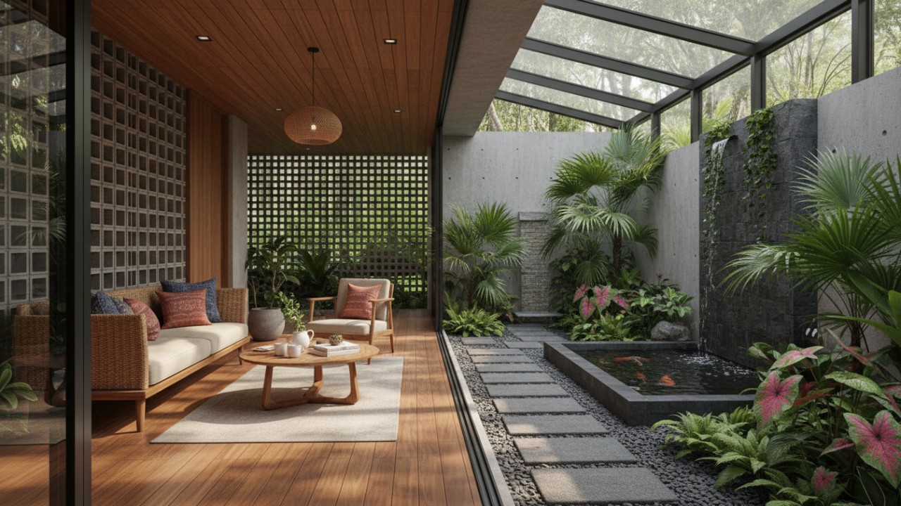 Integrasi teras dan taman indoor sebagai ruang transisi rumah modern.