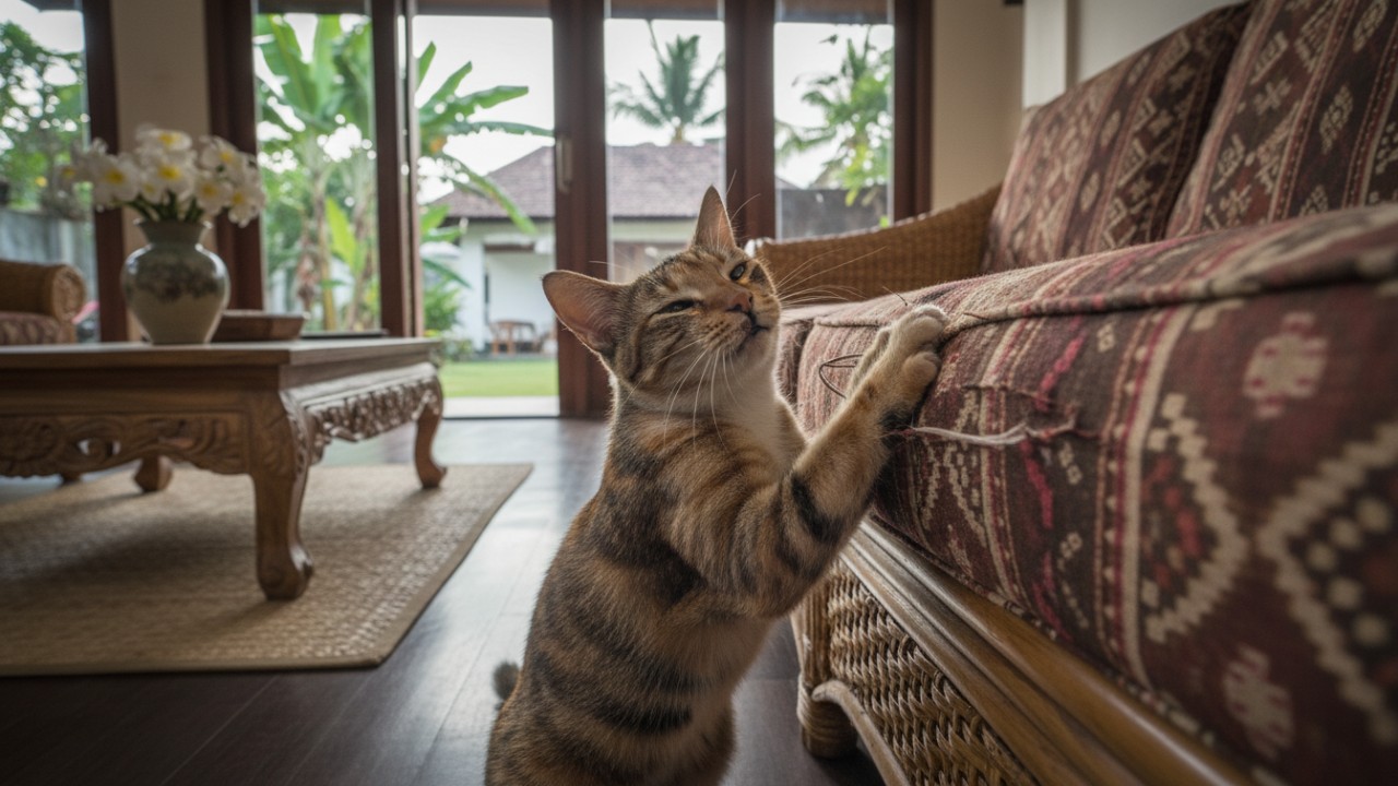 Aktivitas kucing menggaruk sofa dirumah