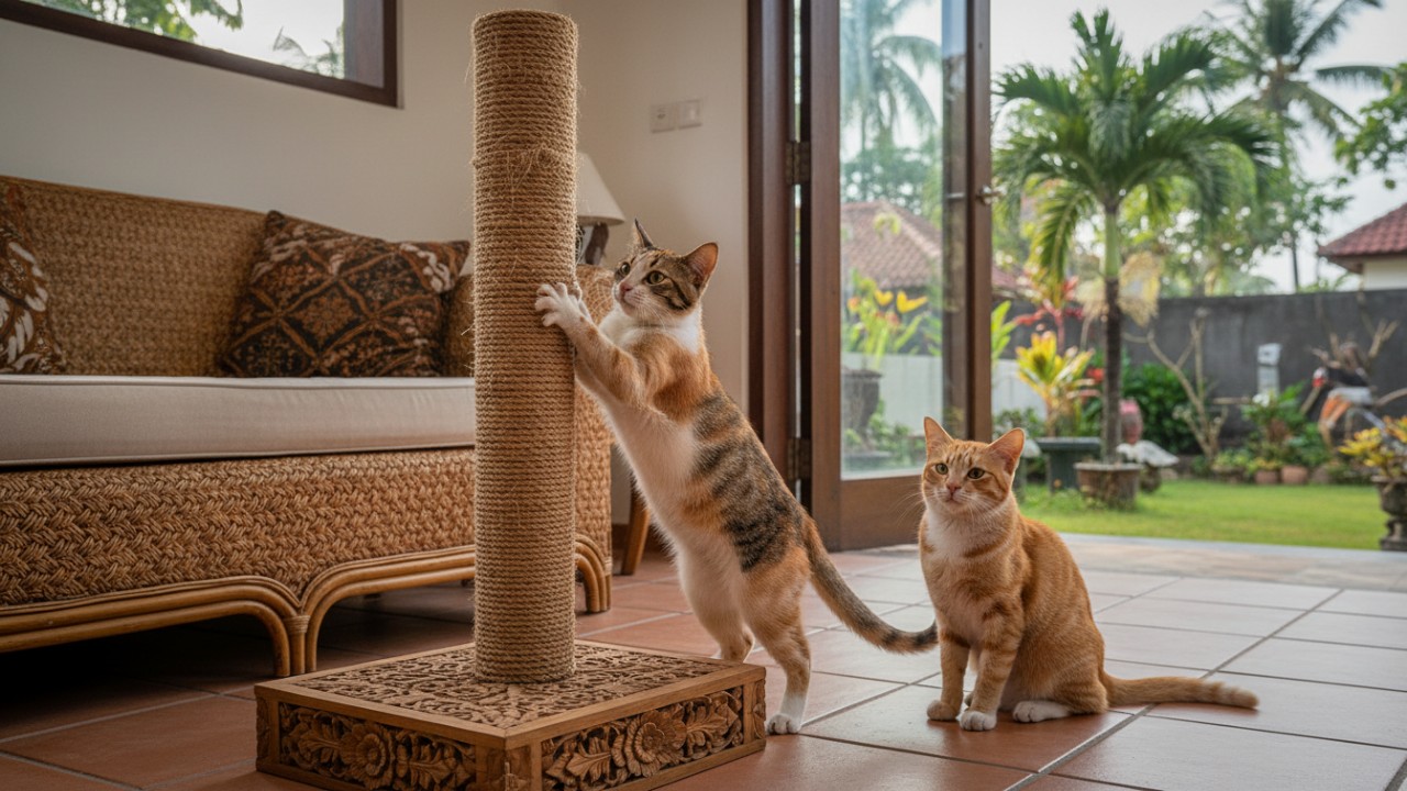 Scratching post berbahan sisal diletakkan dekat sofa.
