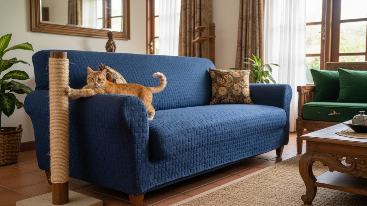 Cover sofa sebagai pelindung selama masa adaptasi kucing.