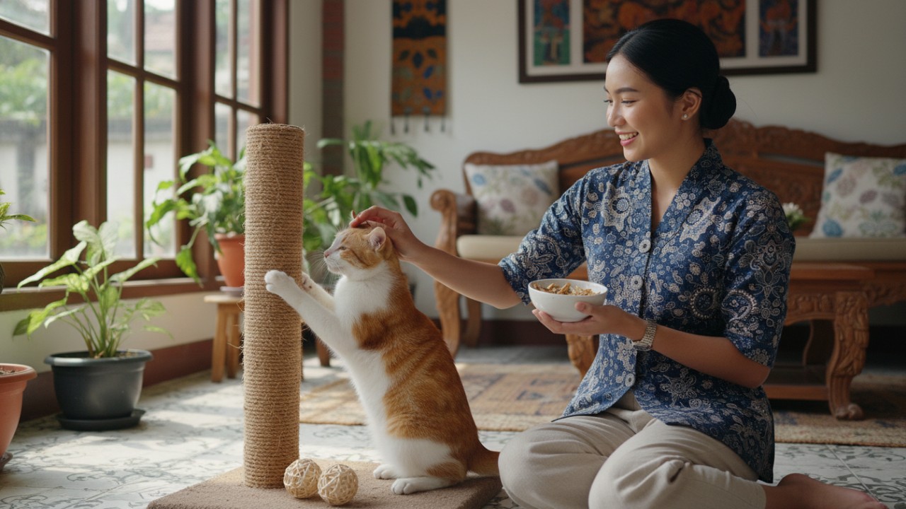 Pemilik rumah memberi camilan saat kucing menggunakan tiang garukan.