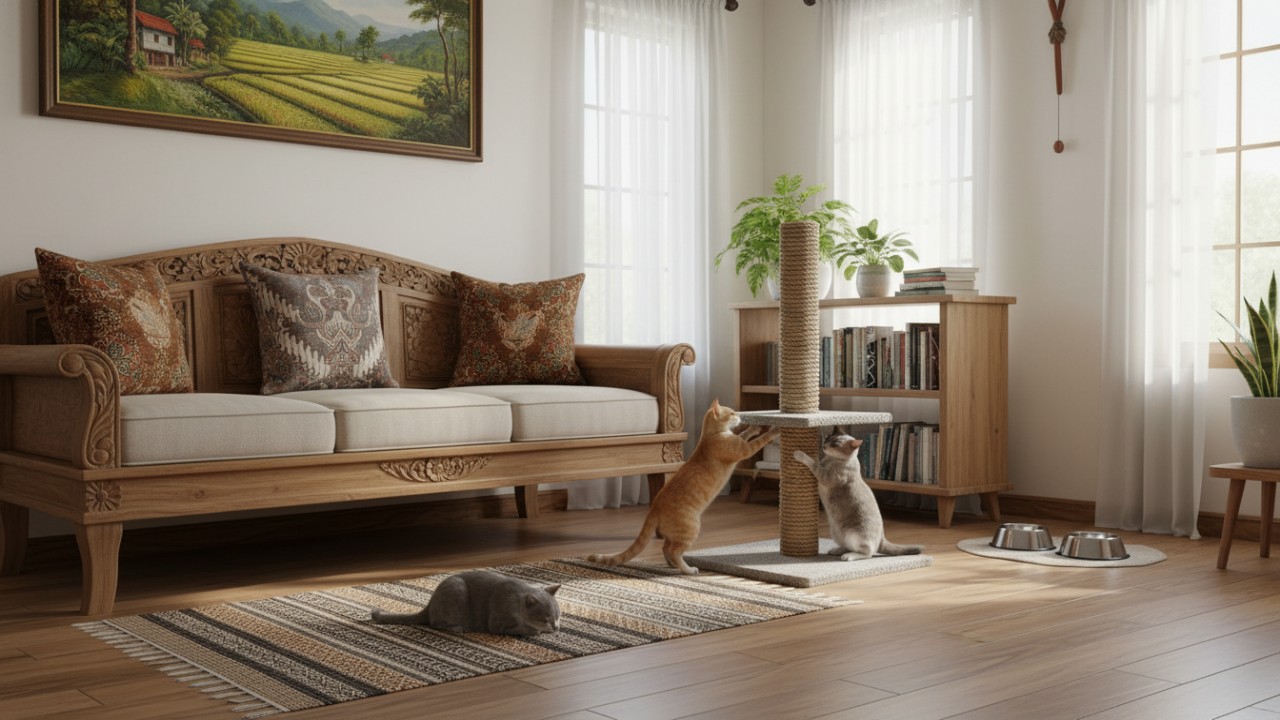 Kucing mencakar media khusus di dekat sofa sebagai pengalih.