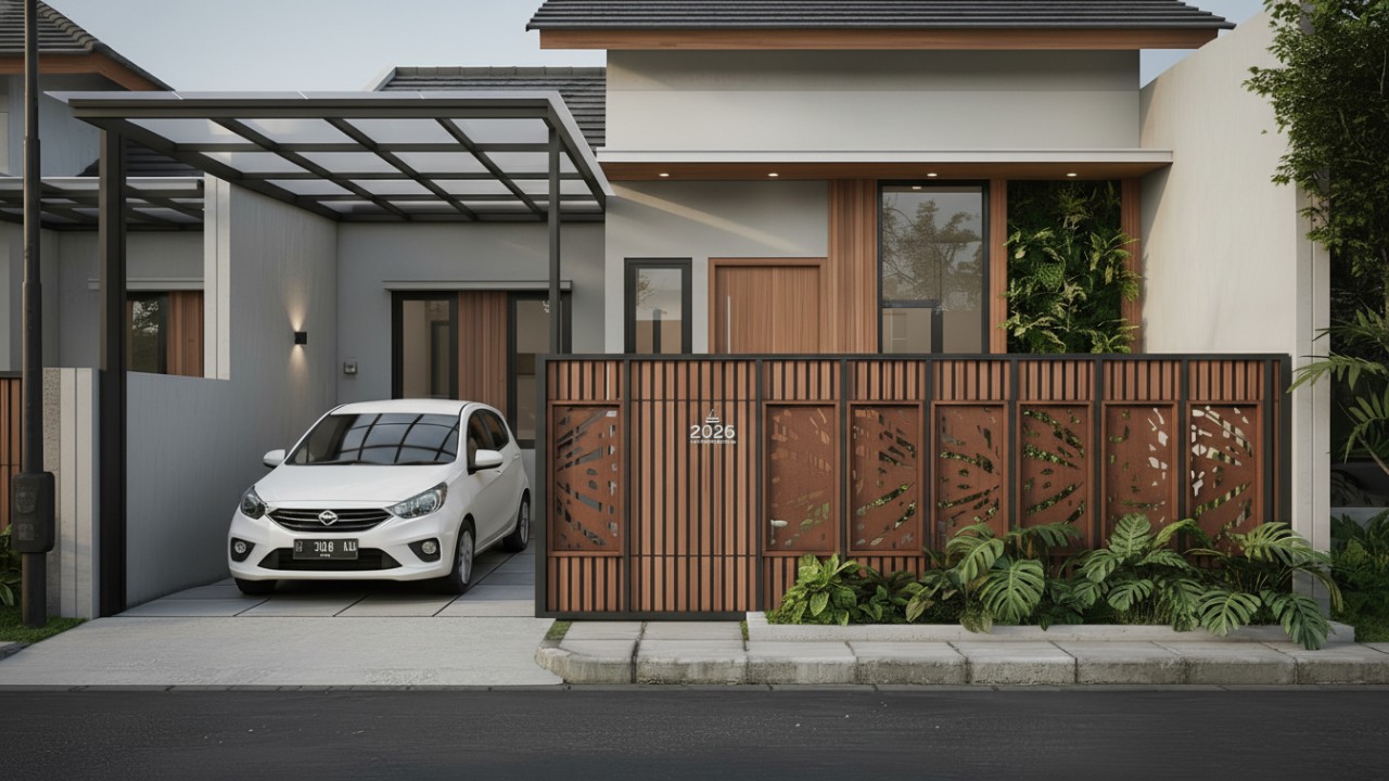 Pagar minimalis 2026 dengan karakter kuat pada rumah minimalis di lahan sempit dengan carport kecil.