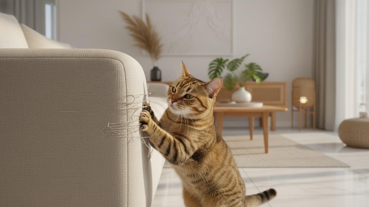 Ilustrasi kucing rumahan dengan area garukan di ruang tamu.