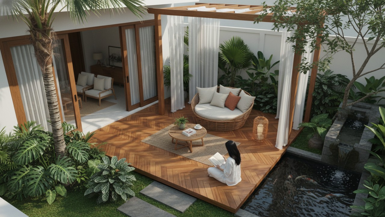 Dek kayu jadi bagian dari teras rumah dengan tanaman dan kolam untuk tempat bersantai