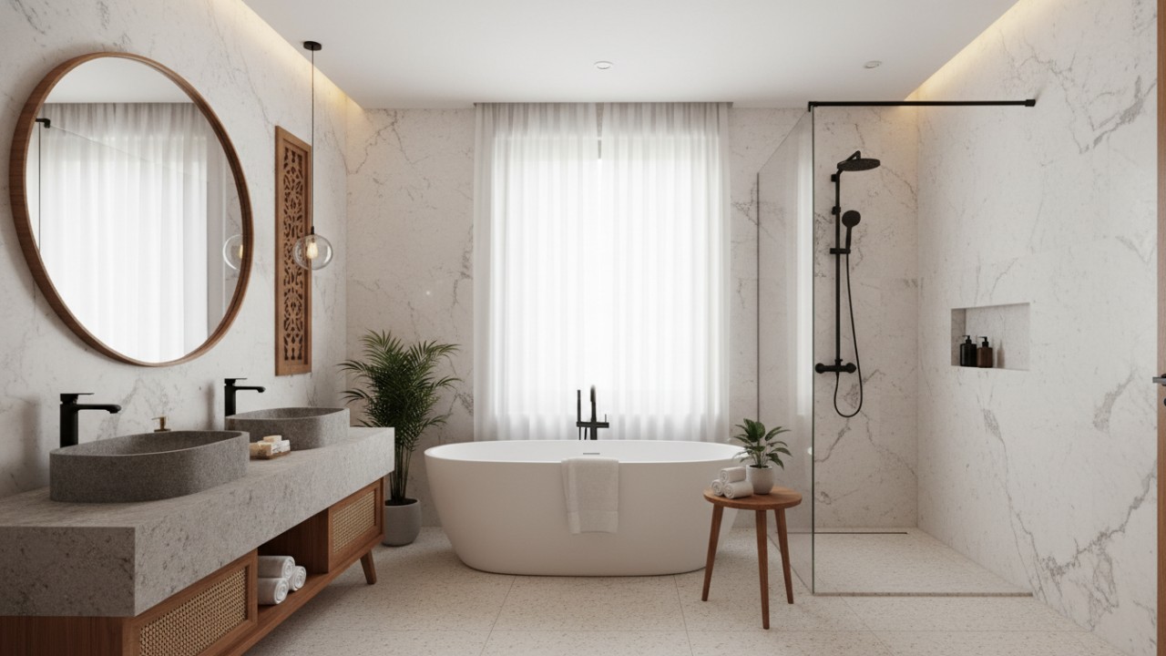 Ilustrasi kamar mandi minimalis elegan bernuansa hotel bintang lima.