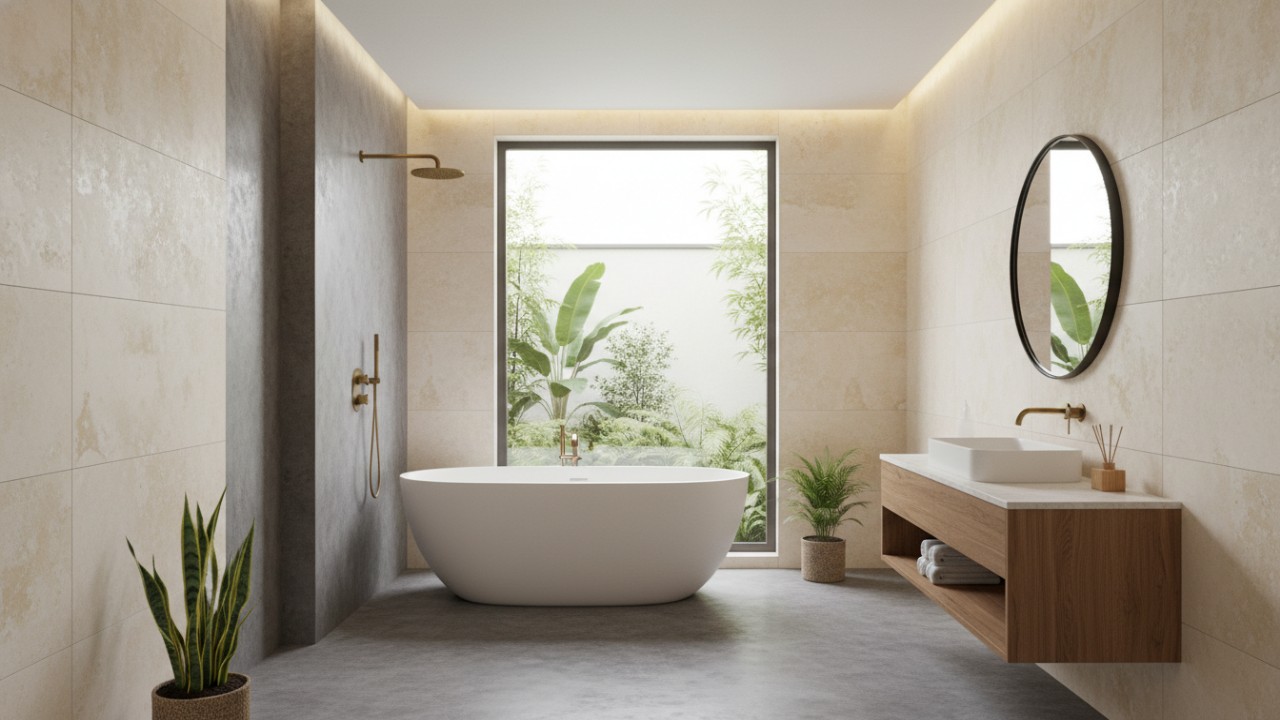 Permainan tekstur halus pada dinding dan lantai kamar mandi.