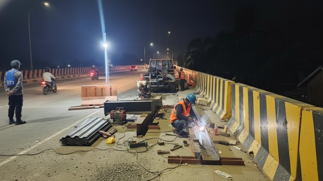 Portal pembatas tinggi kendaraan di akses jembatan dalam proses pengerjaan