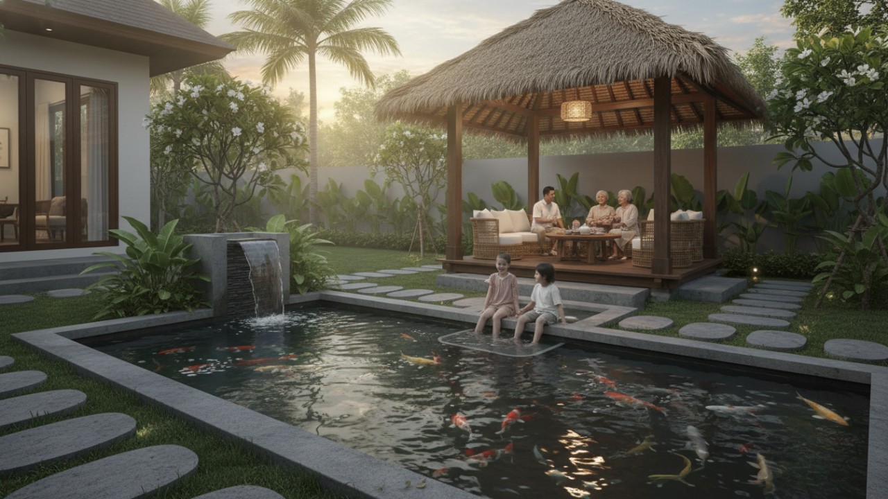 Kolam ikan minimalis dengan gazebo sebagai pusat santai keluarga di halaman rumah.