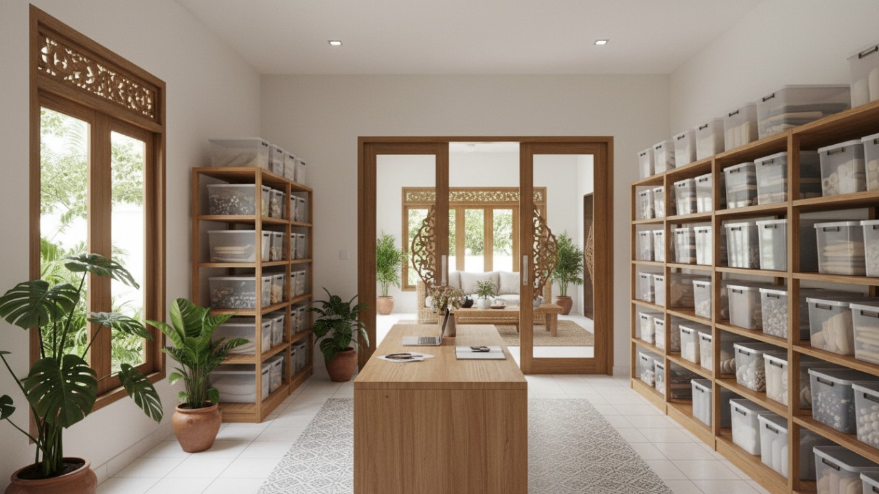 Gudang minimalis modern yang menyatu dengan desain rumah dan memaksimalkan ruang..