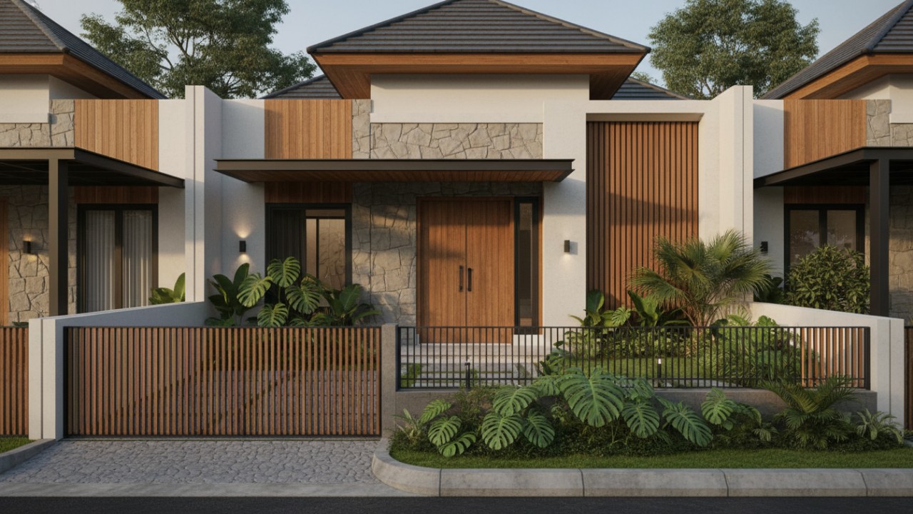 Pagar rumah rendah modern dengan garis sederhana yang menyatu dengan fasad hunian.