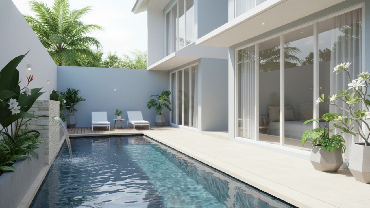 Kolam renang mini rumah minimalis dengan desain linear dan warna terang