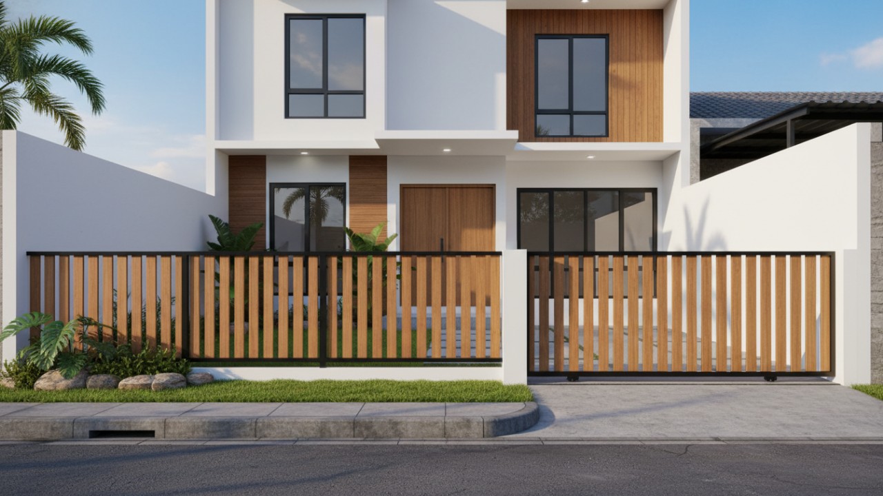 Detail pagar rendah besi hollow berpadu beton ekspos.