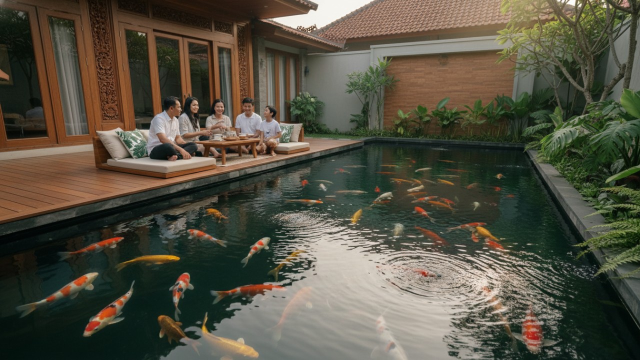 Elemen air menghadirkan suasana tenang di rumah.