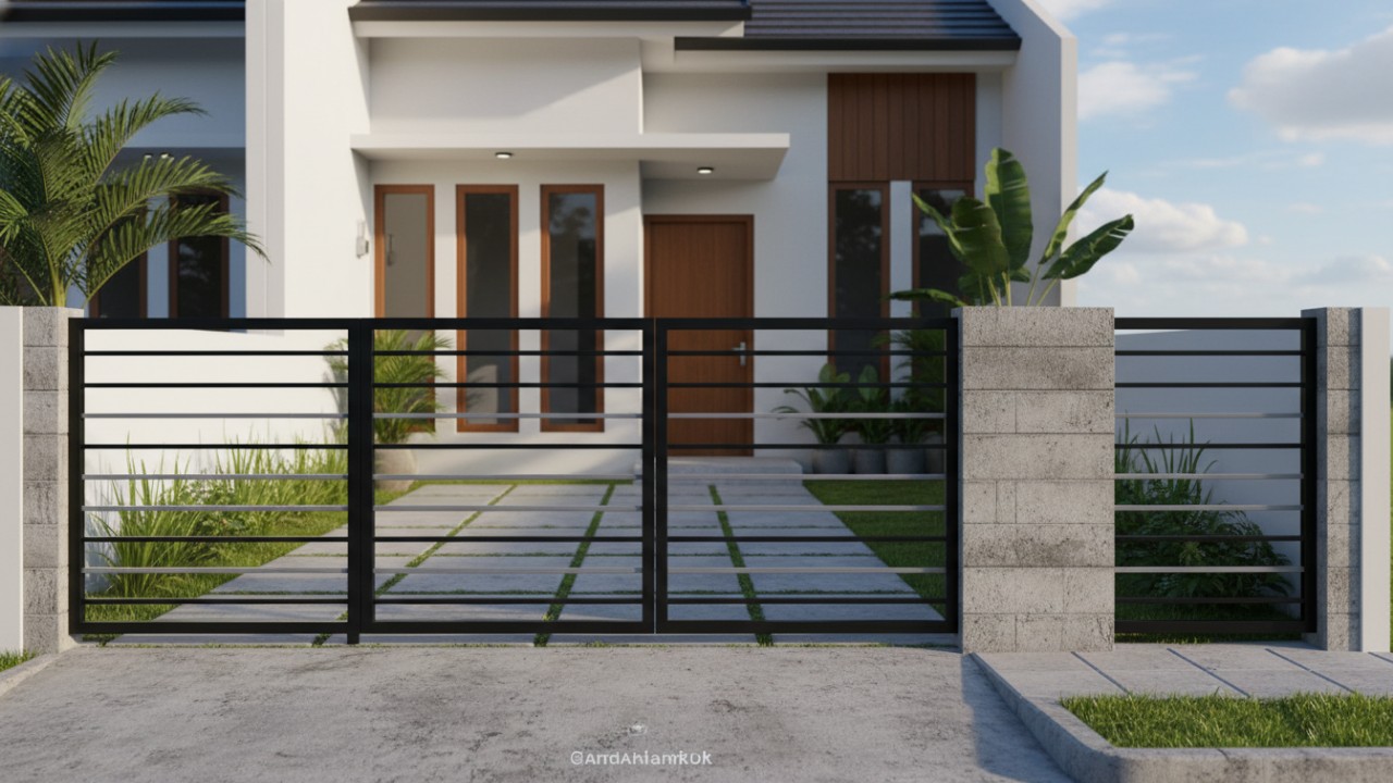 Tampilan fasad rumah modern dengan pagar rendah proporsional.