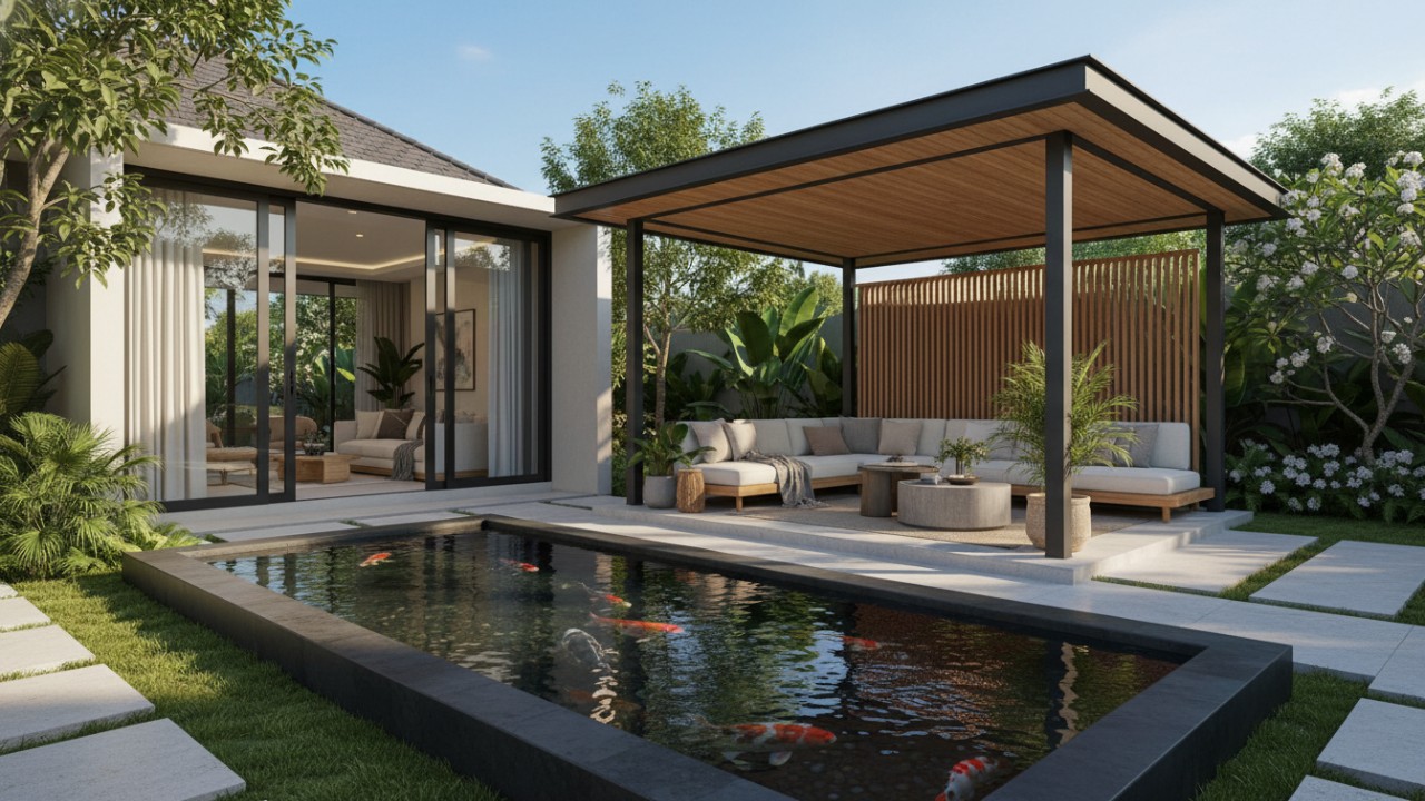 Kolam ikan minimalis berpadu gazebo modern sebagai pusat area santai keluarga.