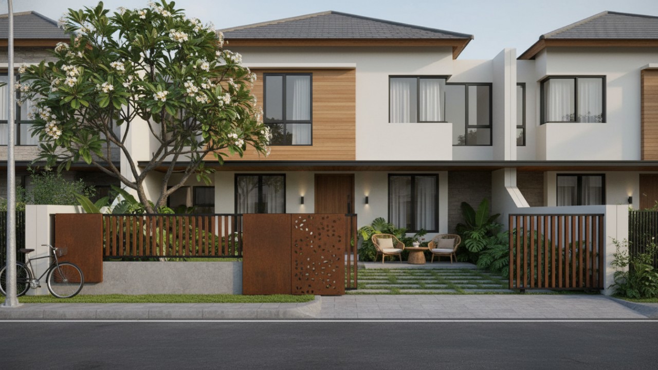 Pagar rumah rendah modern dengan desain terbuka yang menyatu dengan fasad hunian.