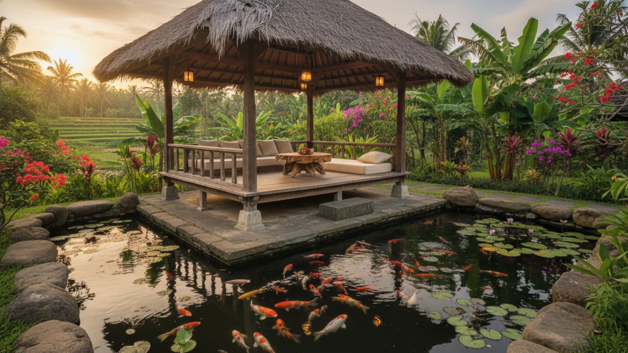 Gazebo semi-terbuka di sisi kolam
