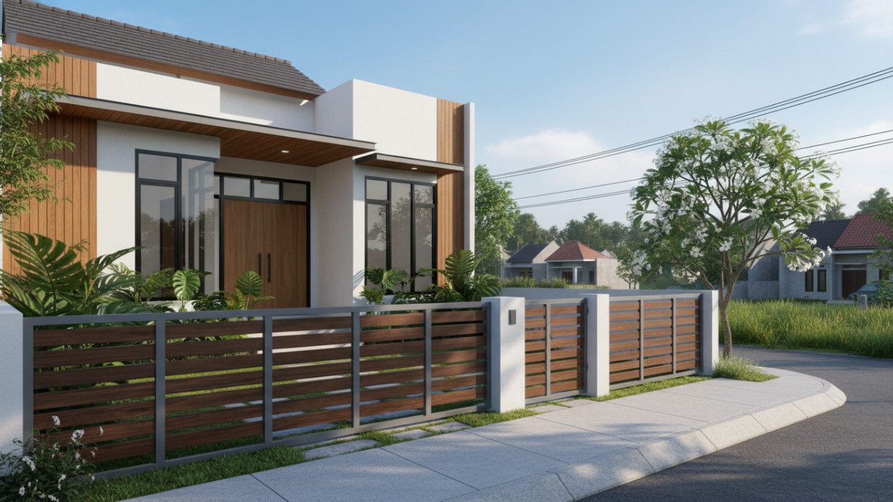 Pagar rendah garis tegas berpadu fasad modern.