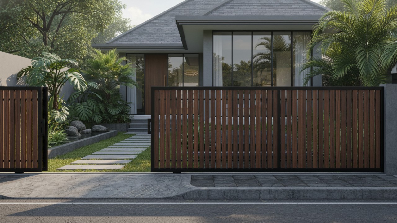 Beton ekspos sebagai material utama pagar rendah.