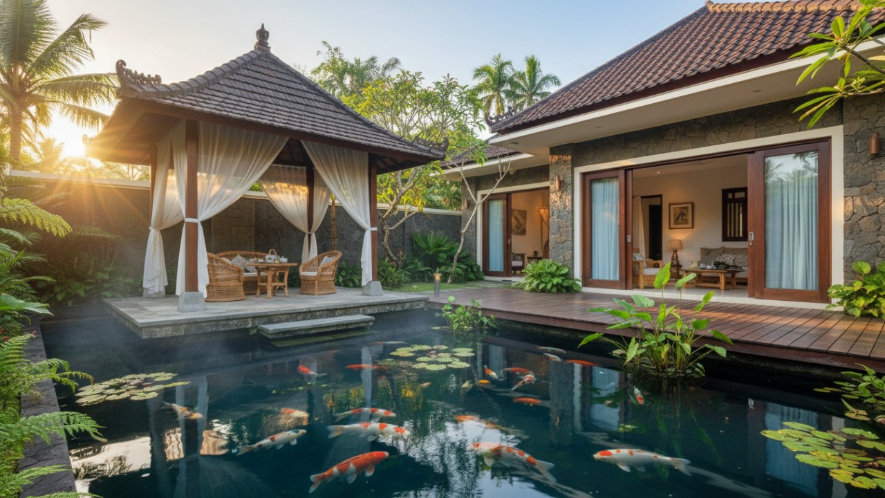 Elemen air menghadirkan keseimbangan visual rumah.