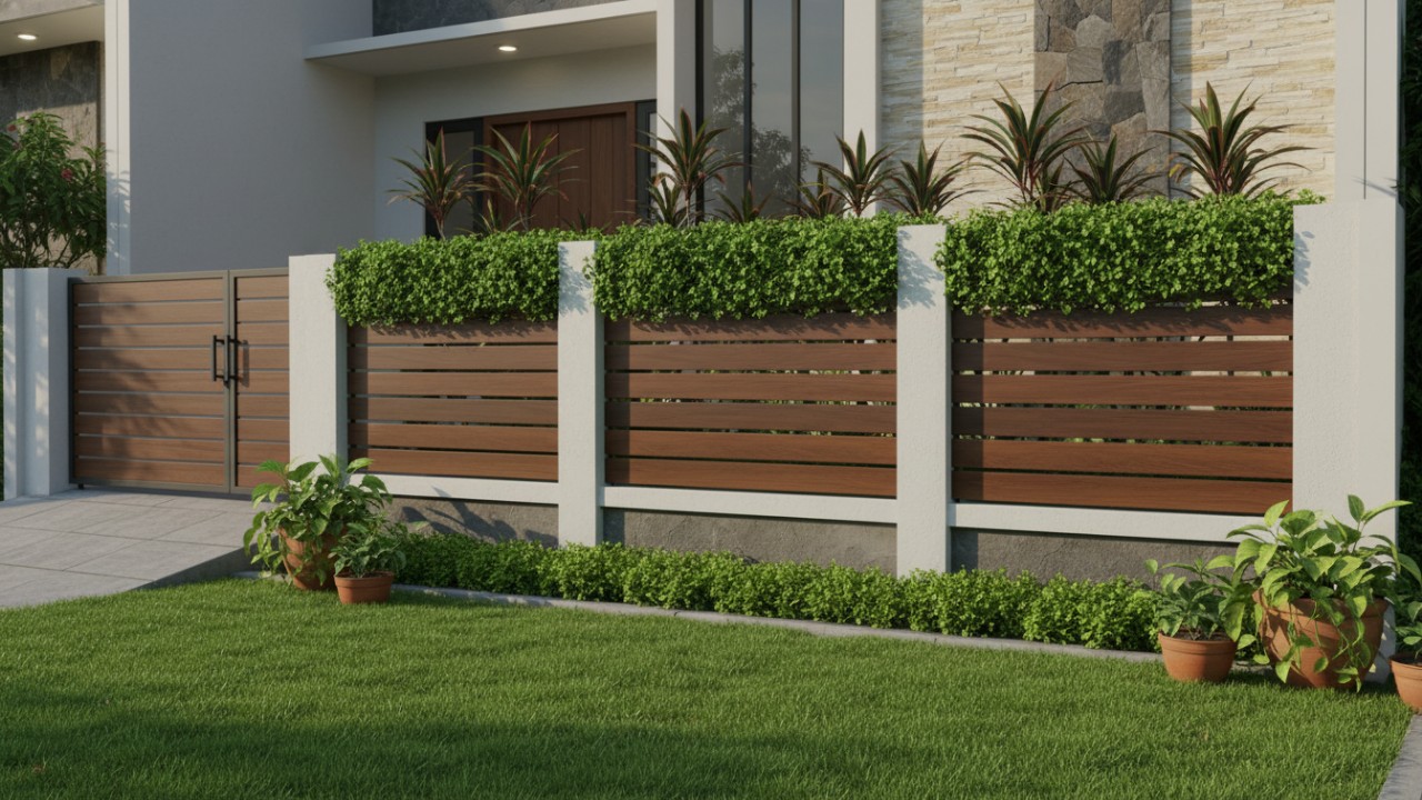 Kombinasi kayu dan logam pada pagar rumah tropis modern.