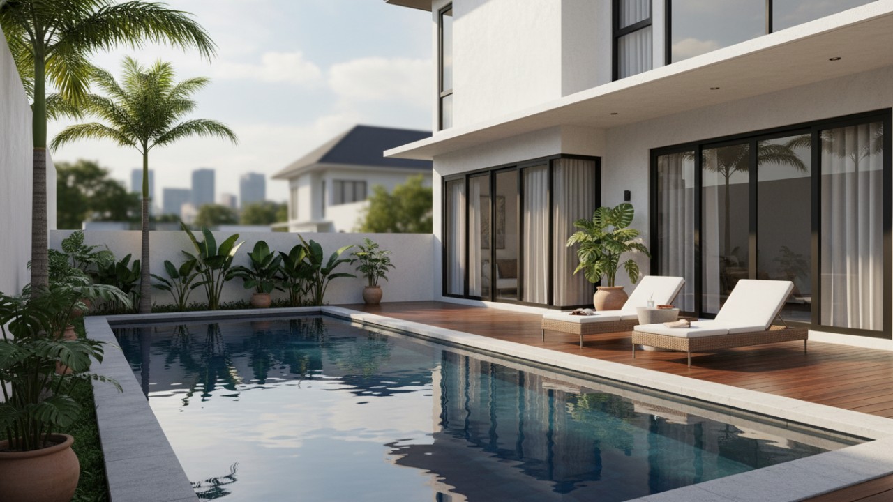 Kolam renang minimalis di rumah urban dengan penataan rapi