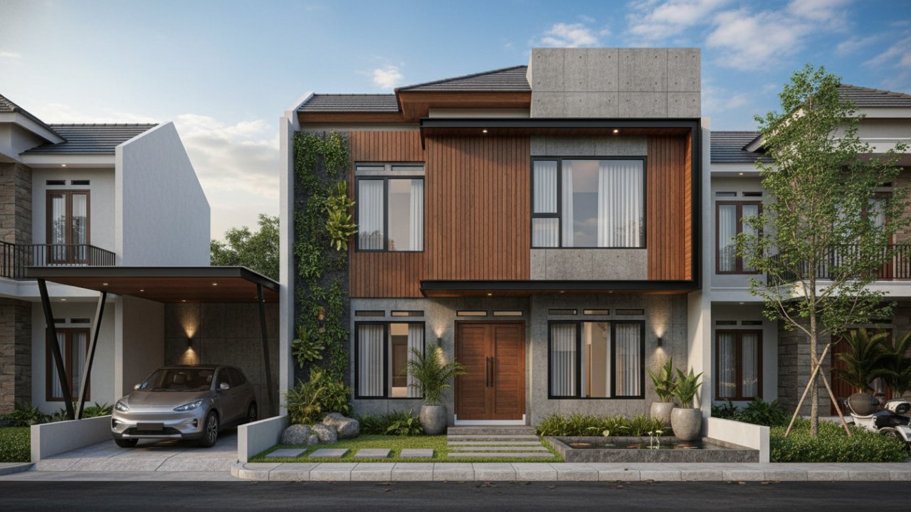 Rumah 9x12 minimalis modern dengan fasad simpel dan garis tegas yang rapi.