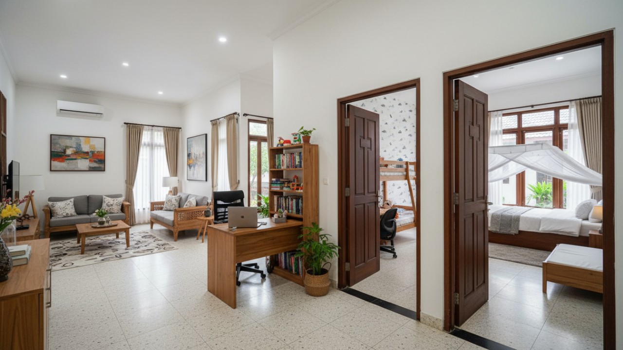Kamar tidur minimalis dengan pencahayaan alami optimal.