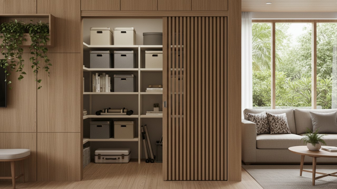 Gudang minimalis modern yang menyatu dengan desain rumah dan memaksimalkan ruang.