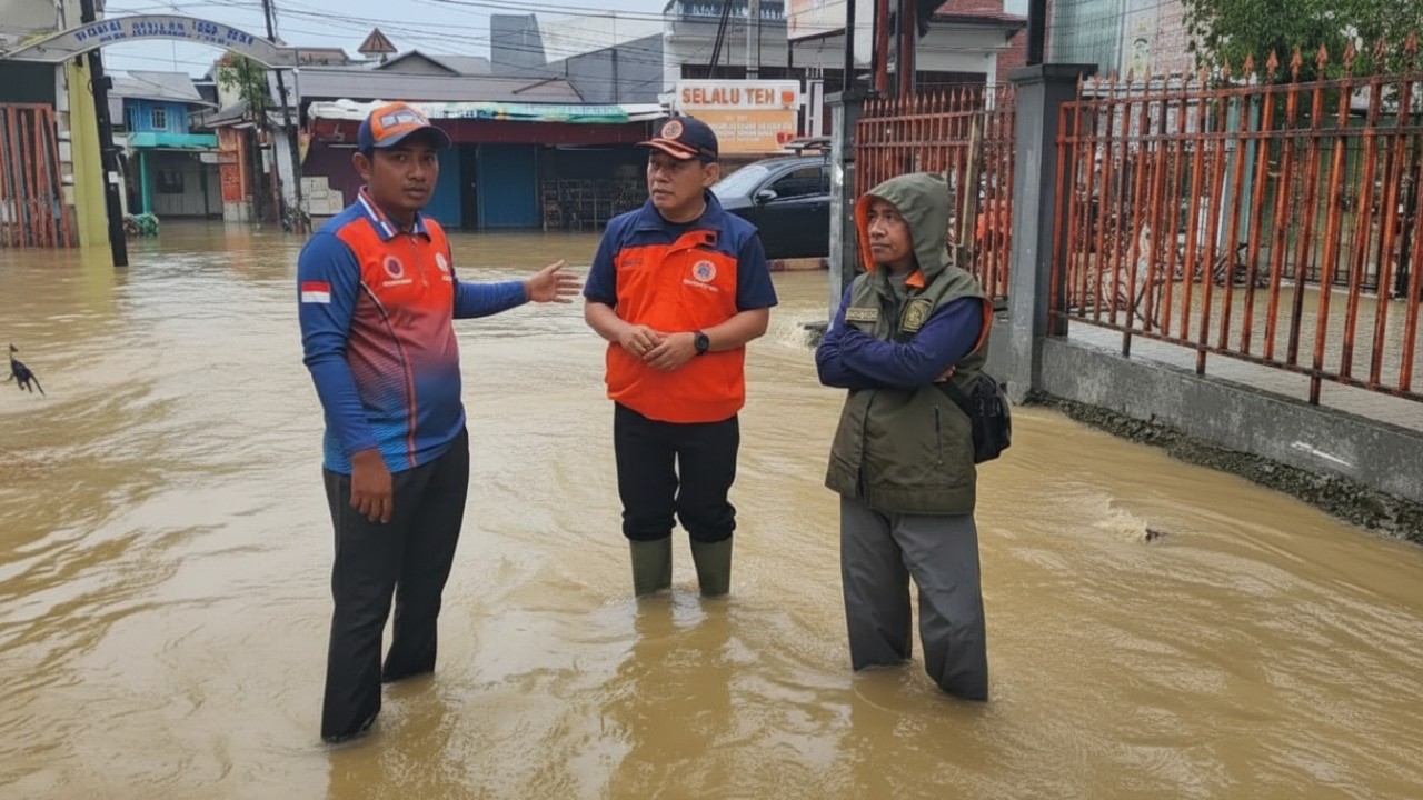 Suwarso (kedua kiri) bersama tim BPBD Samarinda memantau Genangan air di ruas jalan Samarinda pascahujan