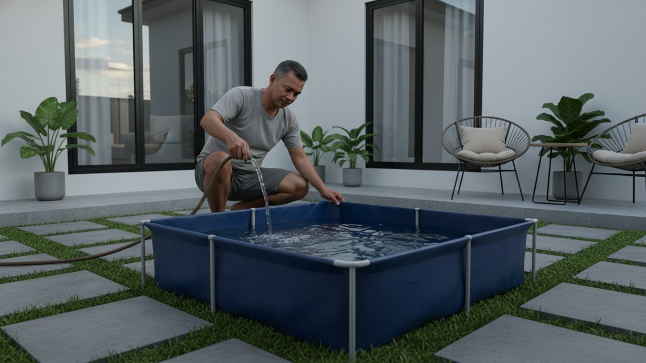 Uji kolam terpal mini sebelum digunakan untuk memastikan tidak bocor.