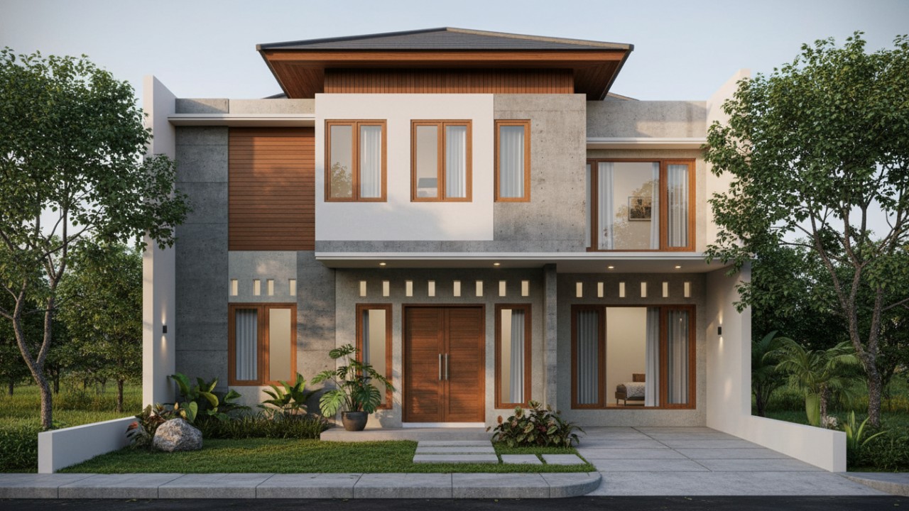 Tampilan rumah 9x12 minimalis modern dengan fasad sederhana dan garis tegas.